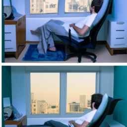 An image depicting a serene bedroom scene with a person sleeping peacefully, contrasting with a separate scene of a person sitting for prolonged periods on a regular office chair, emphasizing the negative effects on sleep quality