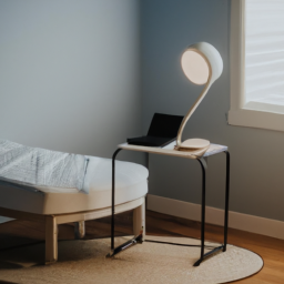 An image showcasing a serene bedroom environment, with a standing desk chair positioned next to the bed