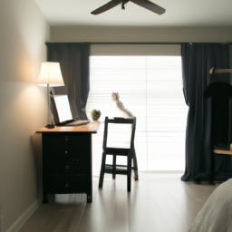 An image of a serene bedroom with a standing desk chair beside the bed