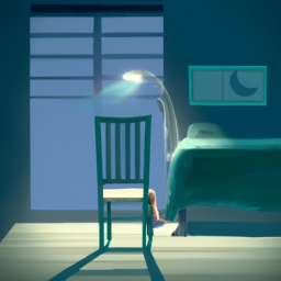 An image of a cozy bedroom scene with a standing desk chair placed next to the bed, softly lit by a bedside lamp