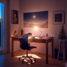 An image showcasing a serene bedroom scene with a standing desk chair as the focal point