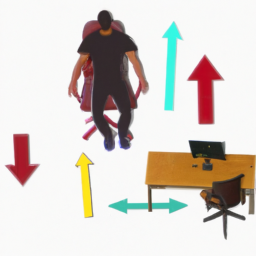 An image showcasing a person using a standing desk chair, surrounded by arrows depicting increased blood circulation, elevated heart rate, and improved calorie burning