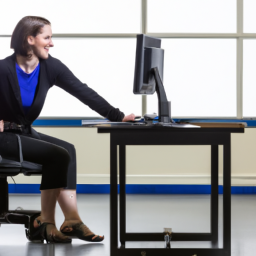 An image showcasing a person sitting on a standing desk chair, surrounded by a vibrant, active environment
