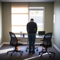  Capture a serene office space bathed in natural light, featuring a person confidently working at a standing desk chair