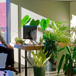 An image capturing a bright, sunlit office space with a person sitting on a standing desk chair, surrounded by lush green plants