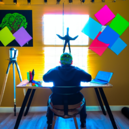 E the essence of boosted creativity and inspiration with an image showcasing a person sitting on a standing desk chair, surrounded by vibrant colors, natural light, and artistic tools, evoking a sense of artistic flow and imaginative energy