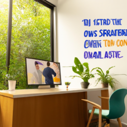 An image that showcases a person working happily at a standing desk chair, surrounded by lush green plants, with natural light streaming through large windows and a colorful motivational poster on the wall