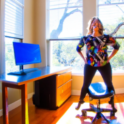 An image showcasing a person using a standing desk chair with an energized expression, vibrant surroundings, and a sunlit backdrop, emphasizing increased energy levels