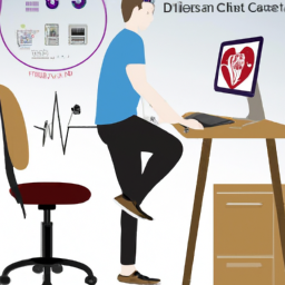 An image showing a person using a standing desk chair, displaying a healthy posture, with a visible heart rate monitor showing lower BPM, and surrounded by icons representing reduced risk of chronic diseases like heart disease, obesity, diabetes, and back pain