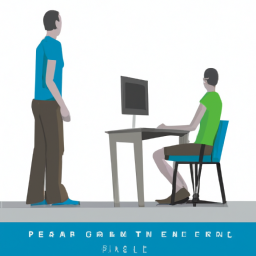 An image showcasing a person using a standing desk chair correctly: The person stands tall with relaxed shoulders, feet flat on the floor, and their computer screen at eye level