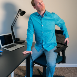 An image showcasing a person using an ergonomic standing desk chair, with their posture aligned, surrounded by a clutter-free workspace, natural light streaming in, and a focused expression on their face