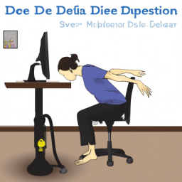 An image showcasing a person using a standing desk chair, demonstrating proper breathing techniques: deep inhalation, expanding chest and diaphragm, followed by slow exhalation, releasing tension and promoting relaxation