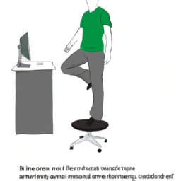 An image showcasing a person sitting on a standing desk chair, with elevated feet, blood flow visualization, and relaxed posture