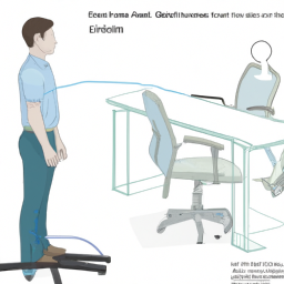 An image showcasing a person sitting on a standing desk chair, demonstrating adjustable height, ergonomic design, and proper posture