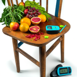 An image showcasing a person using a standing desk chair, surrounded by vibrant fruits and vegetables, with a glucometer showing a stable blood sugar level
