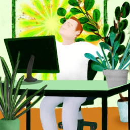 An image depicting a person sitting on a standing desk chair, surrounded by vibrant green plants, with rays of sunlight streaming through a window
