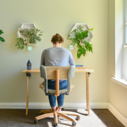 An image featuring a person using a standing desk chair, surrounded by plants, natural light filtering through a nearby window, and a serene, clutter-free workspace