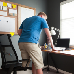 An image that showcases a person sitting on a standing desk chair, engrossed in their work