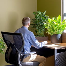 An image featuring a person working at a standing desk chair, surrounded by vibrant plants and natural light
