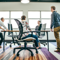 An image showcasing a diverse group of professionals interacting and collaborating effortlessly around a standing desk chair