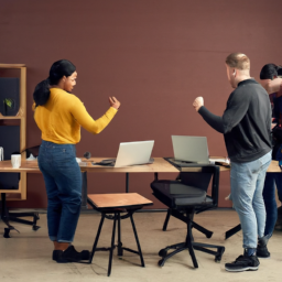 An image featuring a diverse group of coworkers using standing desk chairs, engaged in a lively discussion while gesturing animatedly