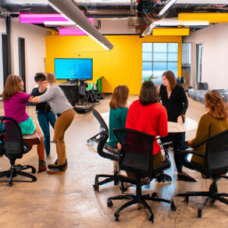 Show a vibrant office space with employees gathered around standing desk chairs in a circular formation, actively engaged in conversation