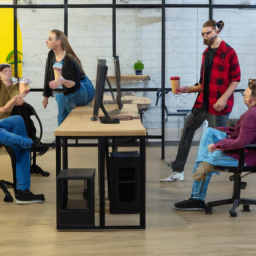 An image depicting a diverse group of colleagues sitting on standing desk chairs, engaged in animated discussions, showcasing a vibrant office atmosphere that promotes collaboration, communication, and improved overall health