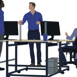 An image showing a diverse group of employees at a standing desk workstation, engaged in lively discussions, exchanging ideas, and collaborating on projects, to illustrate the social benefits of active workstations