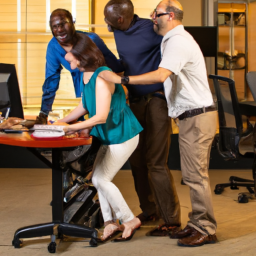 An image showing a diverse group of coworkers gathered around a standing desk chair, engaged in lively conversation, laughter, and collaboration