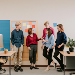 An image showcasing a diverse group of colleagues gathered around a standing desk chair, engaging in lively conversation, brainstorming ideas, and displaying genuine teamwork, highlighting the social benefits of these innovative workspaces