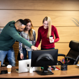 An image showcasing a diverse group of coworkers gathered around a standing desk chair, engaged in animated conversation, actively collaborating on a project, with positive body language and friendly expressions