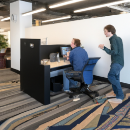 An image showcasing colleagues leaning over a standing desk, engaged in lively conversation, their faces animated with excitement