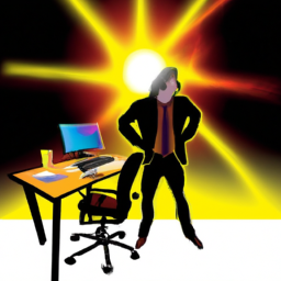 An image showcasing a person using a standing desk chair, surrounded by vibrant rays of energy