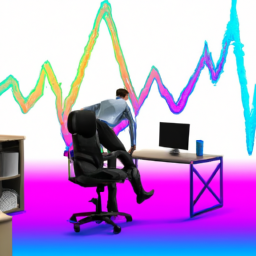 An image showcasing a person using a standing desk chair, surrounded by vibrant, dynamic energy waves